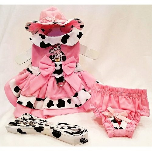 Pink and Cow Print Small Dog Harness Dress